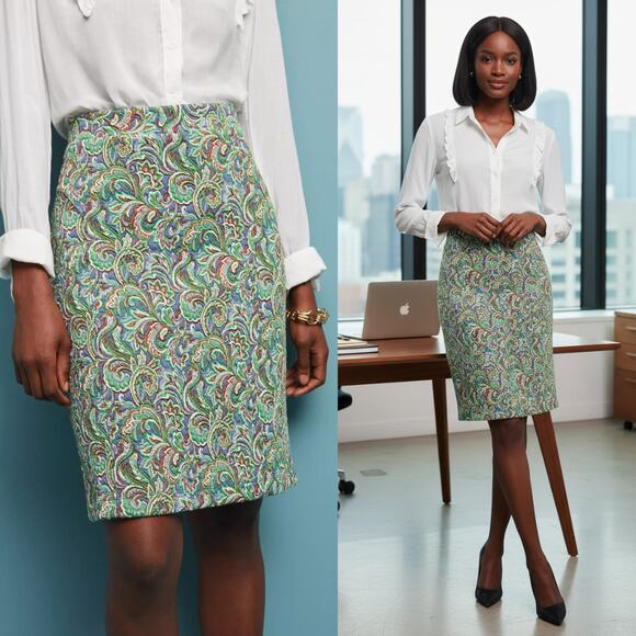Maeve Anthropologie Green Paisley Print Straight Pencil Skirt Small Academia - Picture 1 of 14